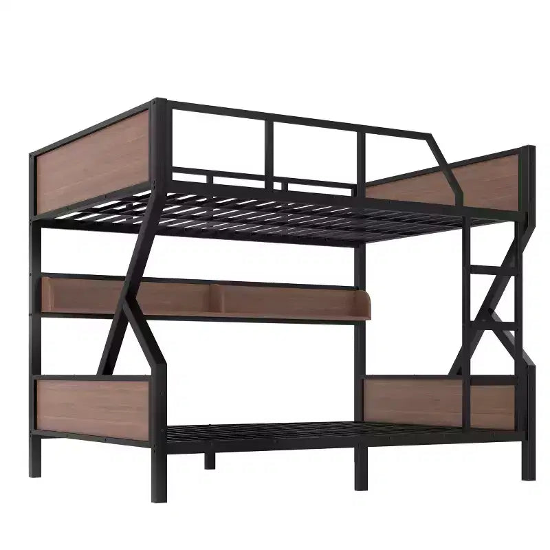Letto a castello in metallo Queen su Queen con ripiani portaoggetti e luce LED, struttura letto a castello resistente con spondine e scaletta, senza rumore, nero