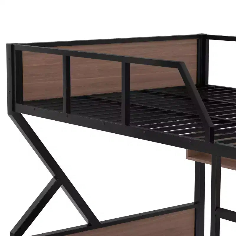 Letto a castello in metallo Queen su Queen con ripiani portaoggetti e luce LED, struttura letto a castello resistente con spondine e scaletta, senza rumore, nero