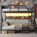 Letto a castello in metallo Queen su Queen con ripiani portaoggetti e luce LED, struttura letto a castello resistente con spondine e scaletta, senza rumore, nero