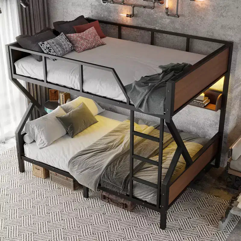 Letto a castello in metallo Queen su Queen con ripiani portaoggetti e luce LED, struttura letto a castello resistente con spondine e scaletta, senza rumore, nero