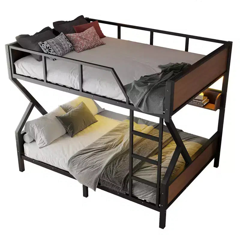 Letto a castello in metallo Queen su Queen con ripiani portaoggetti e luce LED, struttura letto a castello resistente con spondine e scaletta, senza rumore, nero