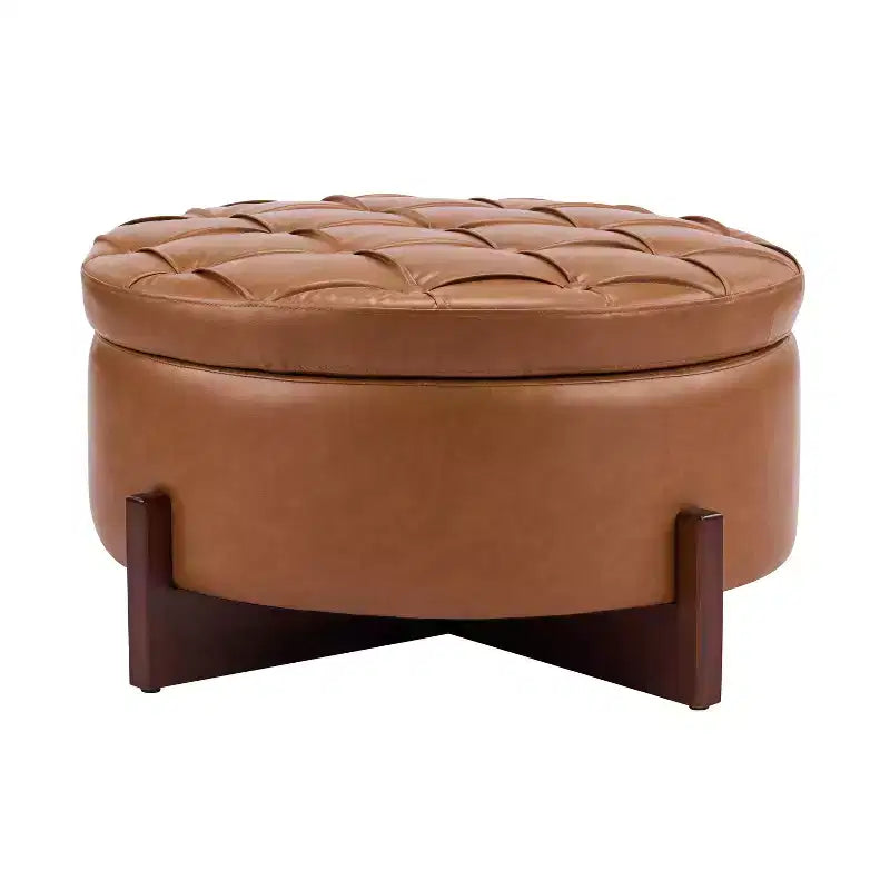 Poggiapiedi Moderno Rotondo in Legno Rivestito con Design Capitonnè e Coperchio Reversibile