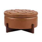 Poggiapiedi Moderno Rotondo in Legno Rivestito con Design Capitonnè e Coperchio Reversibile