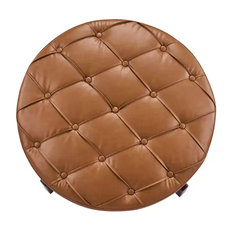 Poggiapiedi Moderno Rotondo in Legno Rivestito con Design Capitonnè e Coperchio Reversibile