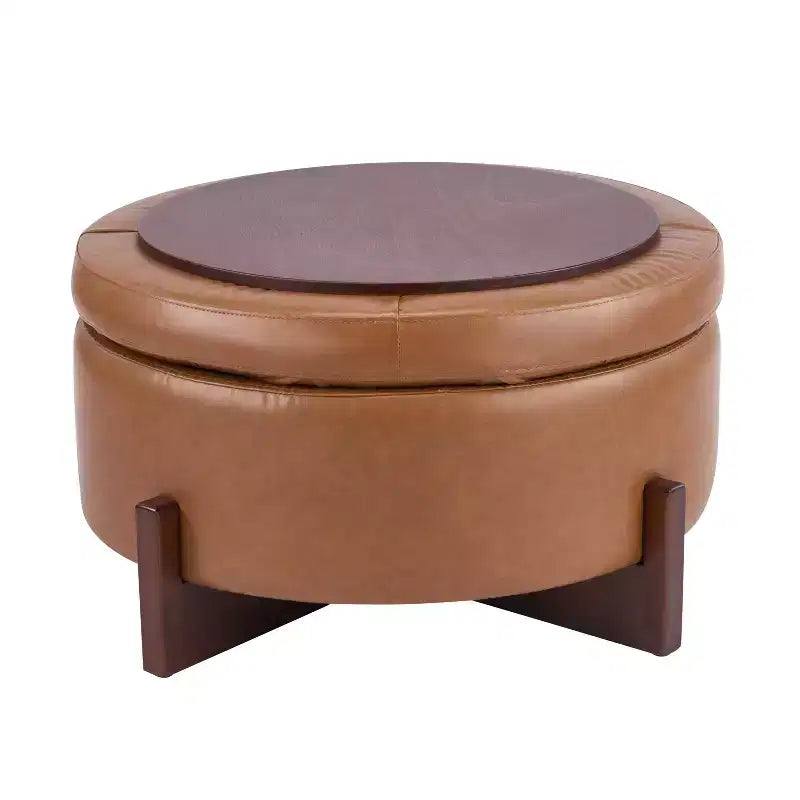 Poggiapiedi Moderno Rotondo in Legno Rivestito con Design Capitonnè e Coperchio Reversibile