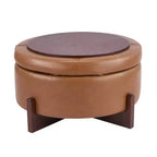 Poggiapiedi Moderno Rotondo in Legno Rivestito con Design Capitonnè e Coperchio Reversibile