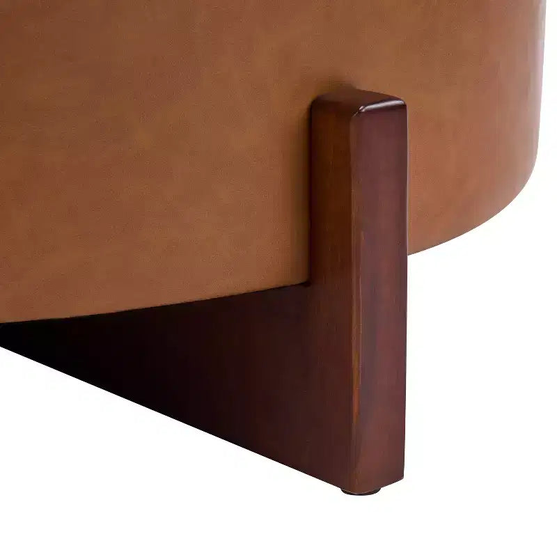 Poggiapiedi Moderno Rotondo in Legno Rivestito con Design Capitonnè e Coperchio Reversibile