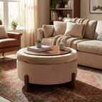 Poggiapiedi Moderno Rotondo in Legno Rivestito con Design Capitonnè e Coperchio Reversibile