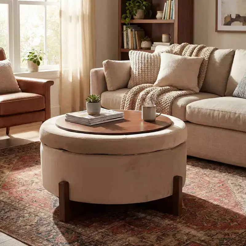 Poggiapiedi Moderno Rotondo in Legno Rivestito con Design Capitonnè e Coperchio Reversibile