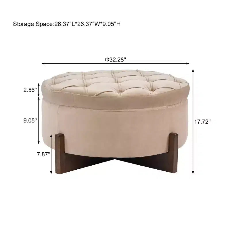 Poggiapiedi Moderno Rotondo in Legno Rivestito con Design Capitonnè e Coperchio Reversibile