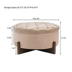 Poggiapiedi Moderno Rotondo in Legno Rivestito con Design Capitonnè e Coperchio Reversibile