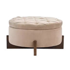 Poggiapiedi Moderno Rotondo in Legno Rivestito con Design Capitonnè e Coperchio Reversibile