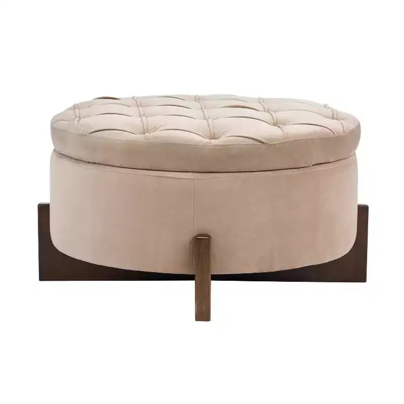 Poggiapiedi Moderno Rotondo in Legno Rivestito con Design Capitonnè e Coperchio Reversibile
