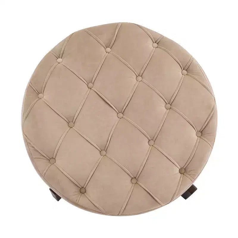 Poggiapiedi Moderno Rotondo in Legno Rivestito con Design Capitonnè e Coperchio Reversibile