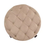 Poggiapiedi Moderno Rotondo in Legno Rivestito con Design Capitonnè e Coperchio Reversibile