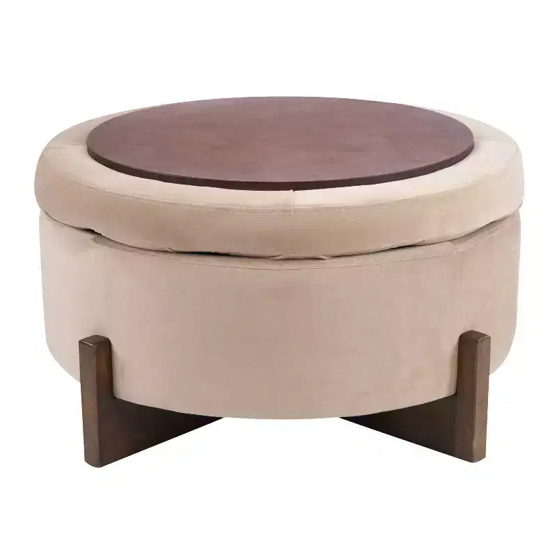 Poggiapiedi Moderno Rotondo in Legno Rivestito con Design Capitonnè e Coperchio Reversibile