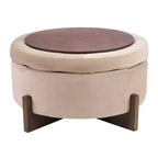 Poggiapiedi Moderno Rotondo in Legno Rivestito con Design Capitonnè e Coperchio Reversibile
