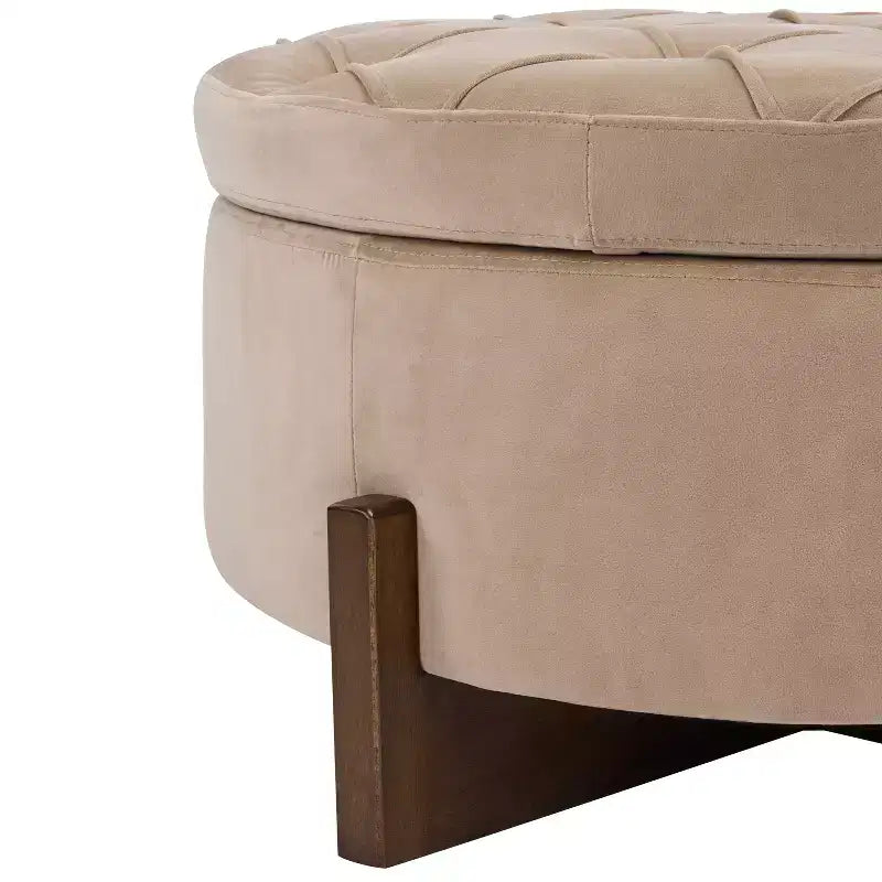 Poggiapiedi Moderno Rotondo in Legno Rivestito con Design Capitonnè e Coperchio Reversibile
