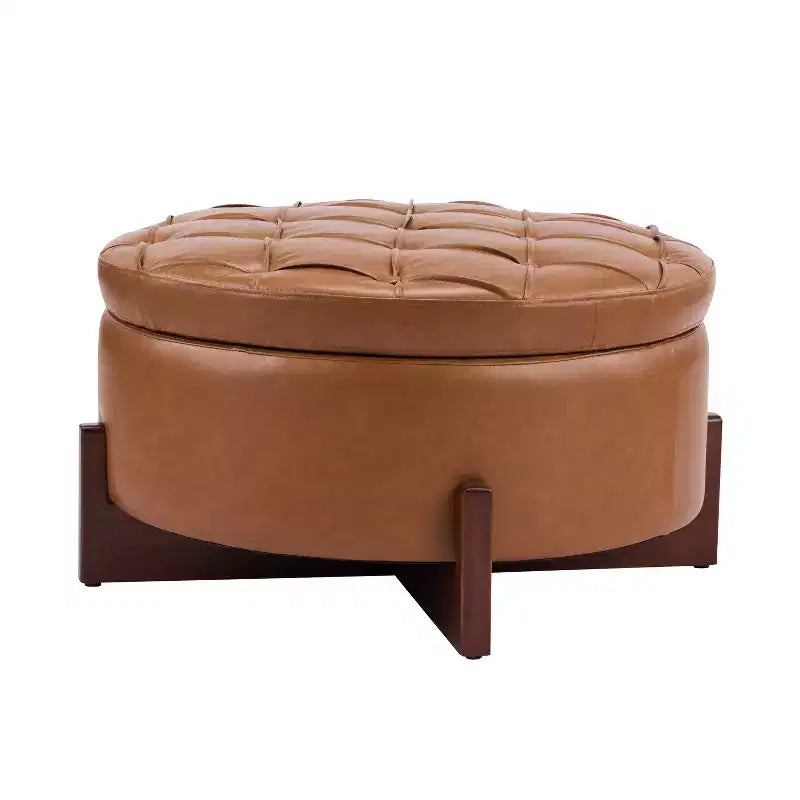 Poggiapiedi Moderno Rotondo in Legno Rivestito con Design Capitonnè e Coperchio Reversibile