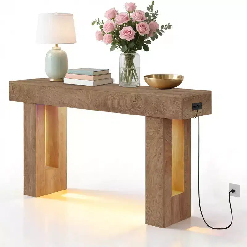 Consolle 63 Farmhouse, Tavolo da Ingresso in Legno con Ripiano Contenitore, Tavolino Stretto da Divano per Corridoio, Foyer, Sandalo