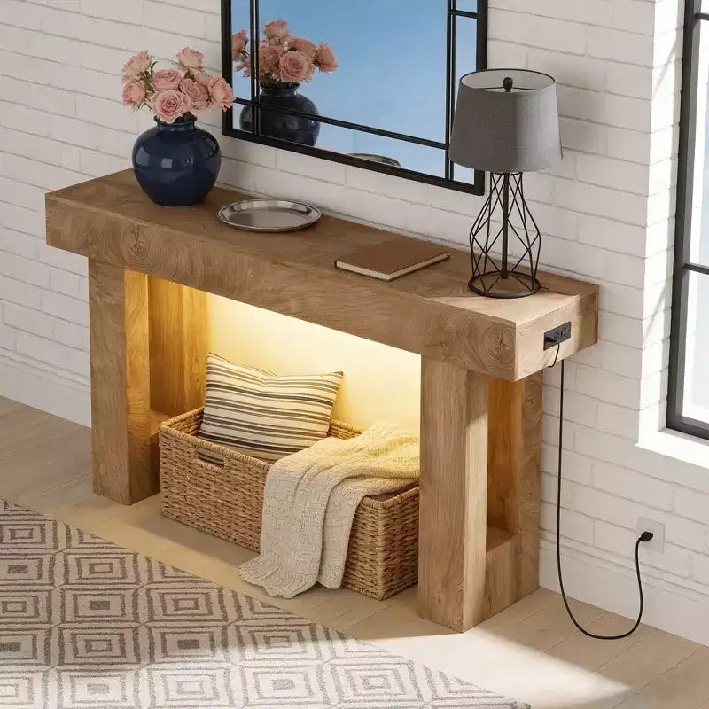 Consolle 63 Farmhouse, Tavolo da Ingresso in Legno con Ripiano Contenitore, Tavolino Stretto da Divano per Corridoio, Foyer, Sandalo