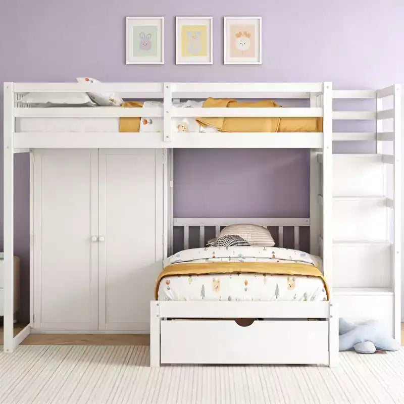 Letto a castello moderno una piazza e mezza su una piazza con armadio e 5 cassetti