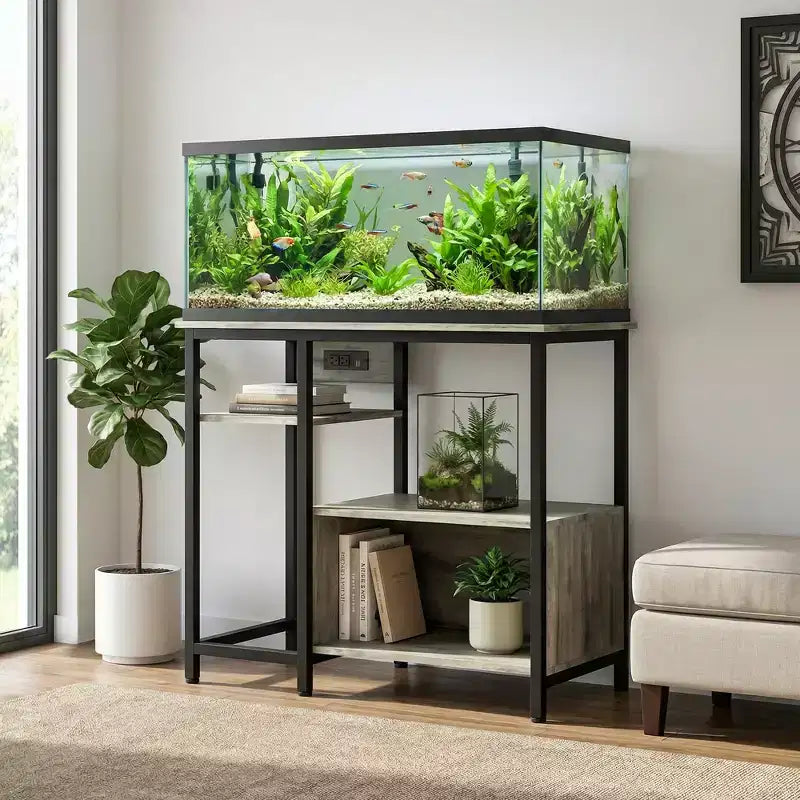 Mobiletto di supporto per acquario - Supporto per acquario da 40-50 galloni con prese elettriche, costruzione resistente in metallo e legno, ripiani aperti