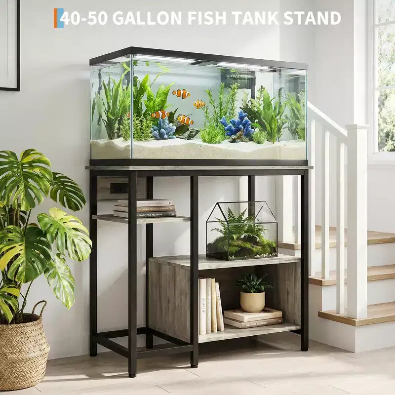 Mobiletto di supporto per acquario - Supporto per acquario da 40-50 galloni con prese elettriche, costruzione resistente in metallo e legno, ripiani aperti