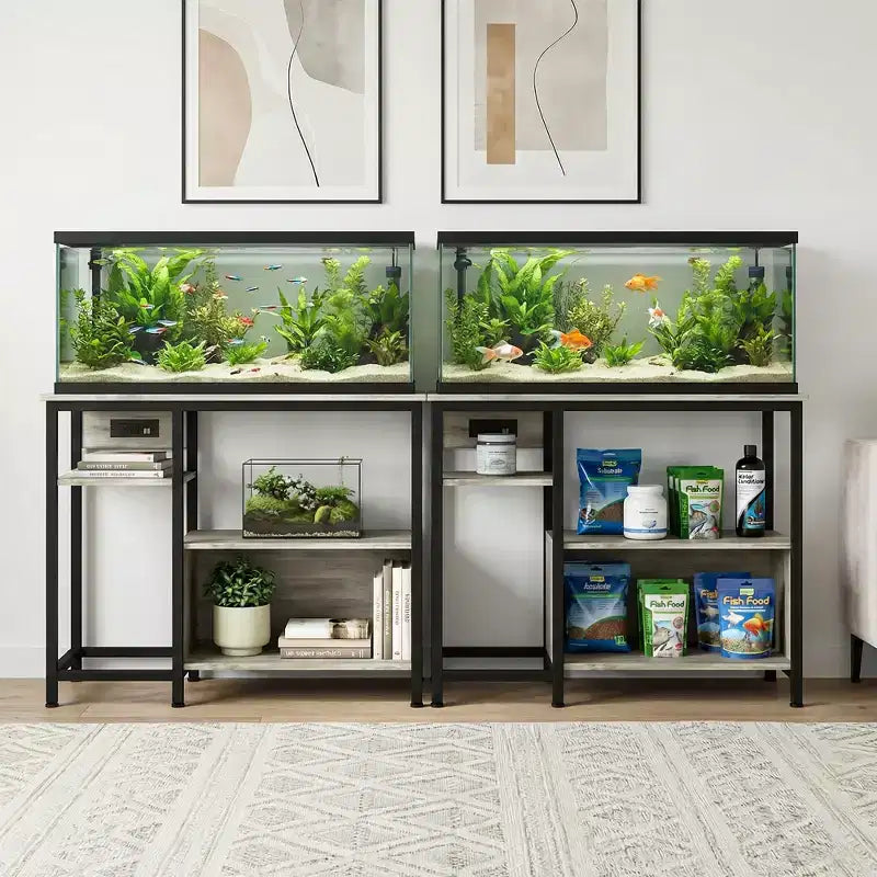 Mobiletto di supporto per acquario - Supporto per acquario da 40-50 galloni con prese elettriche, costruzione resistente in metallo e legno, ripiani aperti