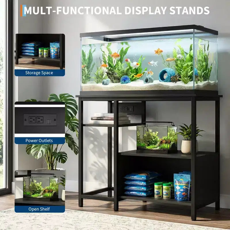 Mobiletto di supporto per acquario - Supporto per acquario da 40-50 galloni con prese elettriche, costruzione resistente in metallo e legno, ripiani aperti