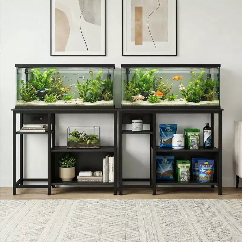 Mobiletto di supporto per acquario - Supporto per acquario da 40-50 galloni con prese elettriche, costruzione resistente in metallo e legno, ripiani aperti