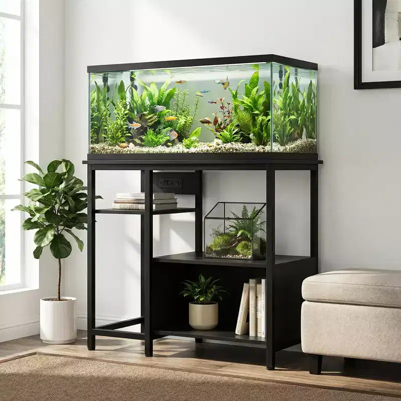 Mobiletto di supporto per acquario - Supporto per acquario da 40-50 galloni con prese elettriche, costruzione resistente in metallo e legno, ripiani aperti