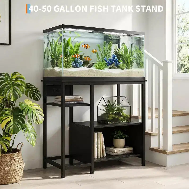 Mobiletto di supporto per acquario - Supporto per acquario da 40-50 galloni con prese elettriche, costruzione resistente in metallo e legno, ripiani aperti