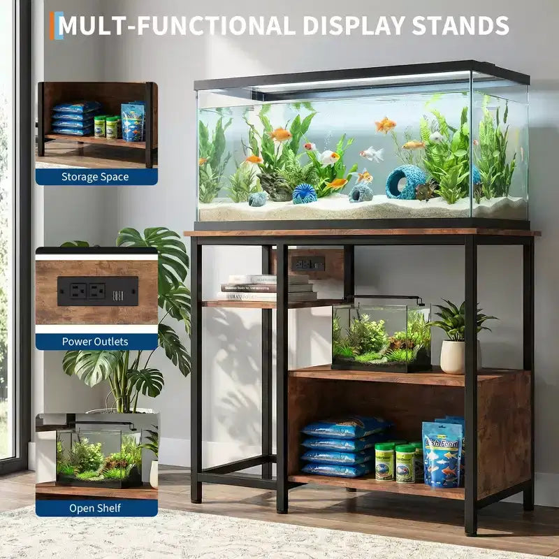 Mobiletto di supporto per acquario - Supporto per acquario da 40-50 galloni con prese elettriche, costruzione resistente in metallo e legno, ripiani aperti