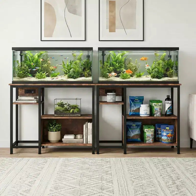 Mobiletto di supporto per acquario - Supporto per acquario da 40-50 galloni con prese elettriche, costruzione resistente in metallo e legno, ripiani aperti