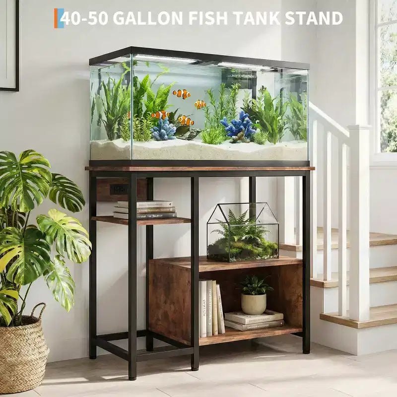 Mobiletto di supporto per acquario - Supporto per acquario da 40-50 galloni con prese elettriche, costruzione resistente in metallo e legno, ripiani aperti
