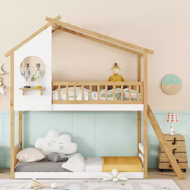 Letto a castello Twin su Twin con tetto e finestra, letto a castello per bambini in legno con scaletta e spondine, struttura in pino massiccio, naturale
