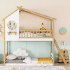 Letto a castello Twin su Twin con tetto e finestra, letto a castello per bambini in legno con scaletta e spondine, struttura in pino massiccio, naturale