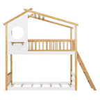 Letto a castello Twin su Twin con tetto e finestra, letto a castello per bambini in legno con scaletta e spondine, struttura in pino massiccio, naturale