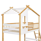 Letto a castello Twin su Twin con tetto e finestra, letto a castello per bambini in legno con scaletta e spondine, struttura in pino massiccio, naturale