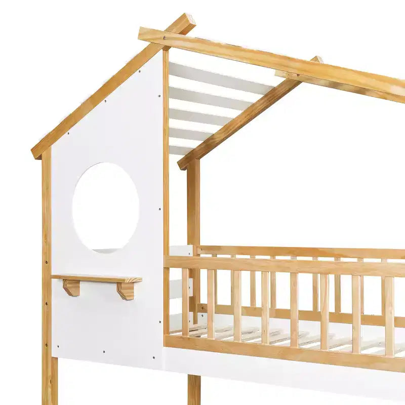 Letto a castello Twin su Twin con tetto e finestra, letto a castello per bambini in legno con scaletta e spondine, struttura in pino massiccio, naturale