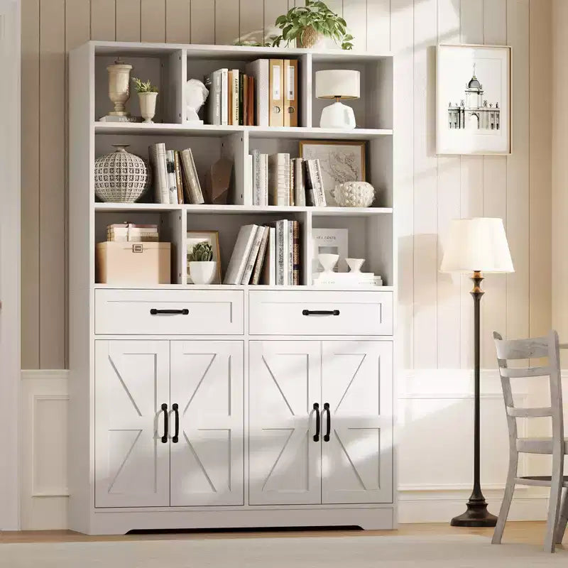 Grande Libreria in Legno per Bambini, 2 Cassetti, 4 Ante, Armadio Contenitore a 6 Ripiani, Scaffale Organizzatore Spazioso, per Soggiorno, Ufficio