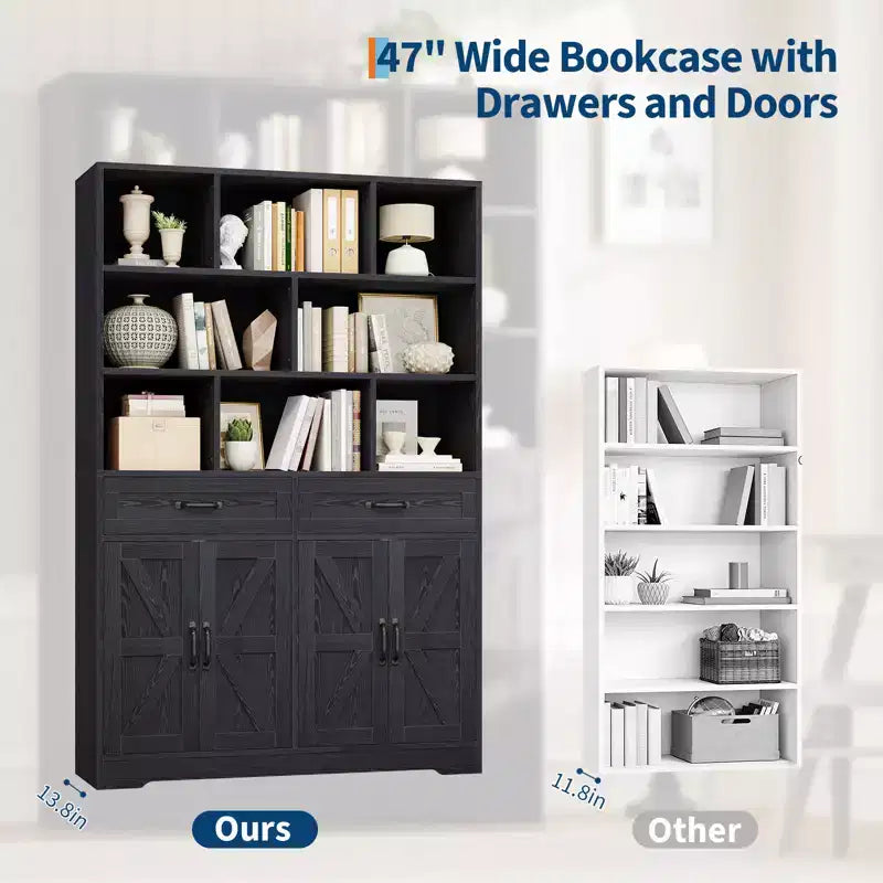 Grande Libreria in Legno per Bambini, 2 Cassetti, 4 Ante, Armadio Contenitore a 6 Ripiani, Scaffale Organizzatore Spazioso, per Soggiorno, Ufficio