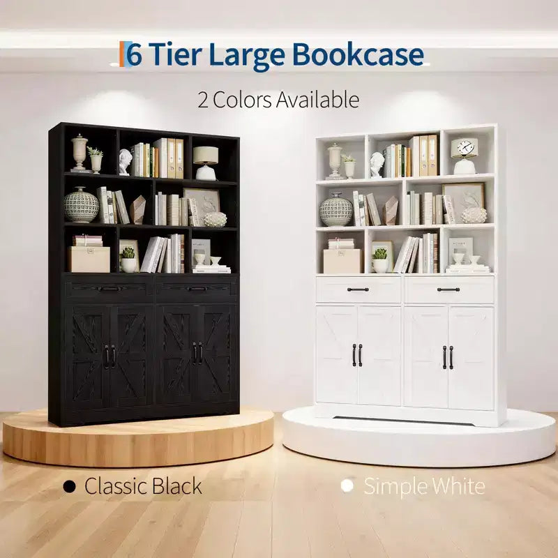Grande Libreria in Legno per Bambini, 2 Cassetti, 4 Ante, Armadio Contenitore a 6 Ripiani, Scaffale Organizzatore Spazioso, per Soggiorno, Ufficio