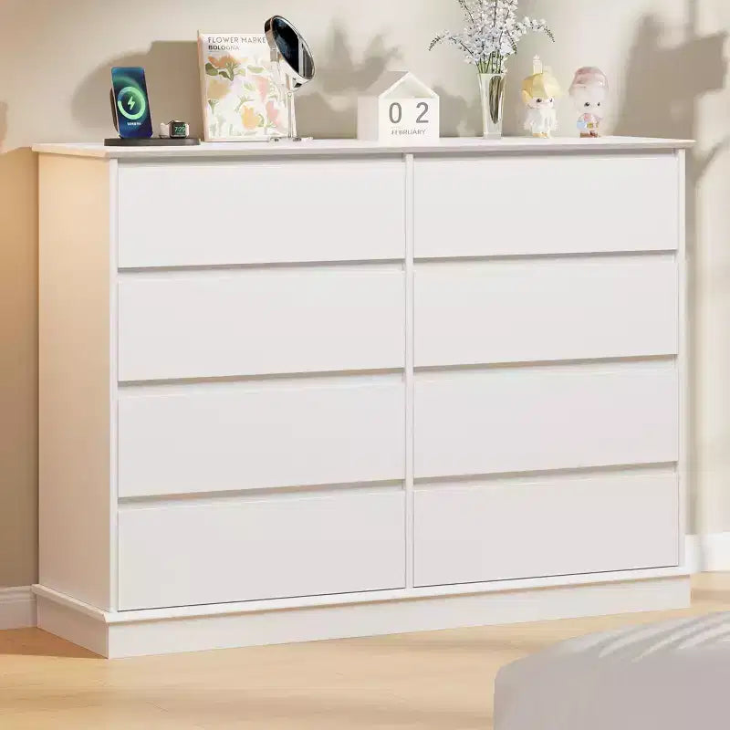 Modern Dresser for Bedroom with 8 Drawers, Wide Chest of Drawers, Wooden Storage Organizer Unit for Closet, Living Room, Kids Room, Nursery, White