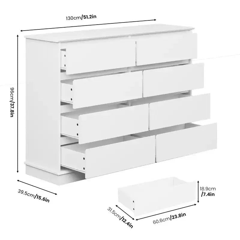 Comò moderno per camera da letto con 8 cassetti, cassettiera ampia, mobile contenitore in legno per armadio, soggiorno, cameretta bambini, asilo nido, bianco