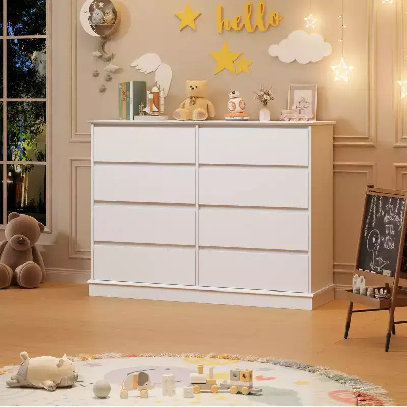 Comò moderno per camera da letto con 8 cassetti, cassettiera ampia, mobile contenitore in legno per armadio, soggiorno, cameretta bambini, asilo nido, bianco
