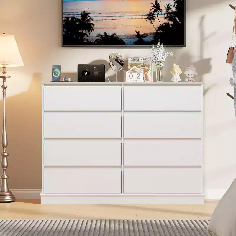 Comò moderno per camera da letto con 8 cassetti, cassettiera ampia, mobile contenitore in legno per armadio, soggiorno, cameretta bambini, asilo nido, bianco