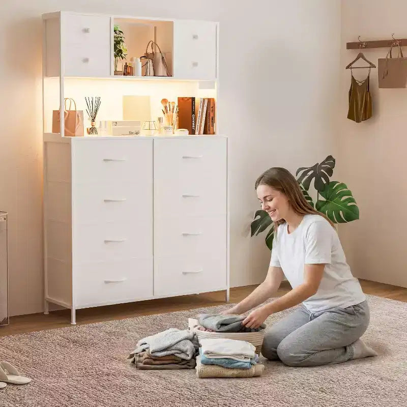 Cassettiera in Tessuto a 12 Cassetti, Scaffali Aperti, Struttura in Metallo, per Camera da Letto, Corridoio