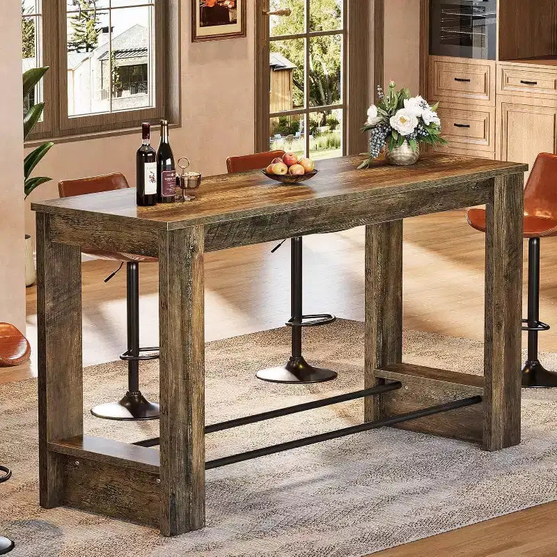 Tavolo da Bar Alto 160 cm, Tavolo da Pub Altezza Bancone 95 cm con Poggiapiedi in Metallo, Mobile Bar Lungo per Cucina, Bistrò o Ristorante